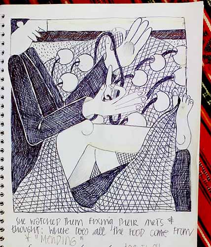 fishermen mending nets on Paros