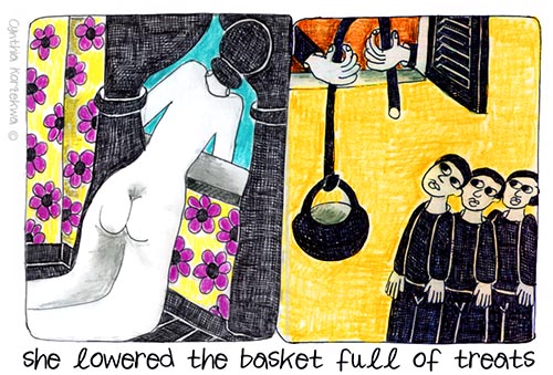 she lowered the basket full of treats