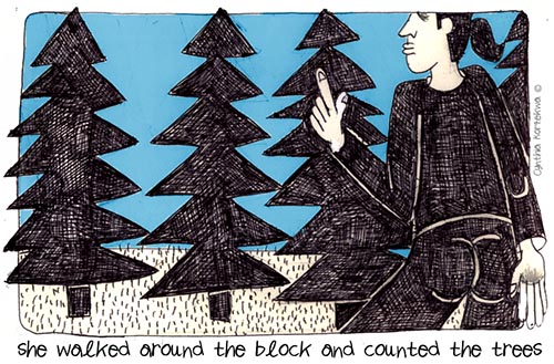 she walked around the block and counted the trees