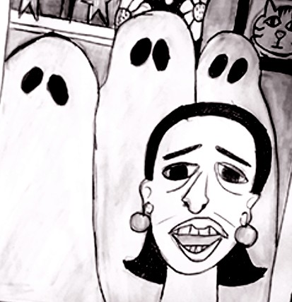 drawing of a woman with 3 ghosts