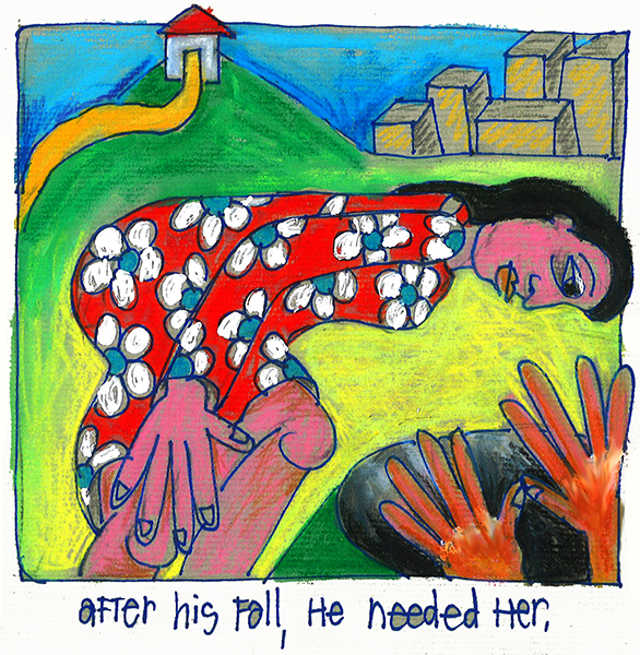 colored drawing of a woman looking down into a hole with hands sticking out