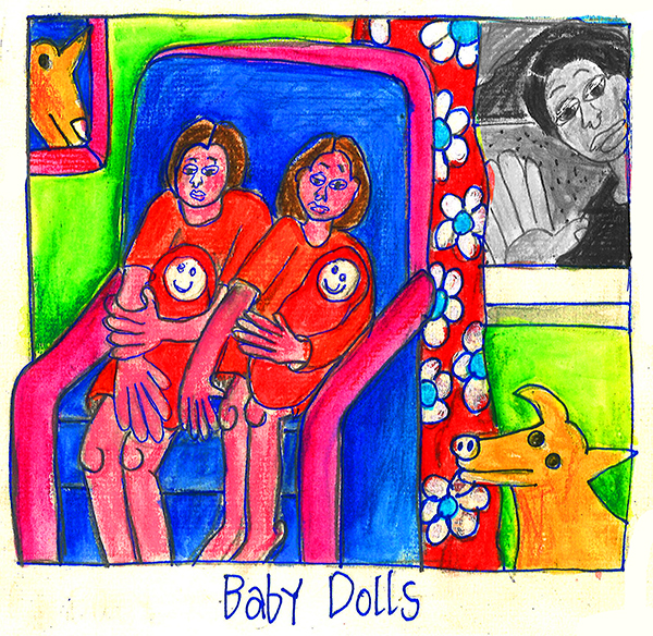 colored drawing of two girls and their baby dolls sitting in a chiar with a man looking in thru the window