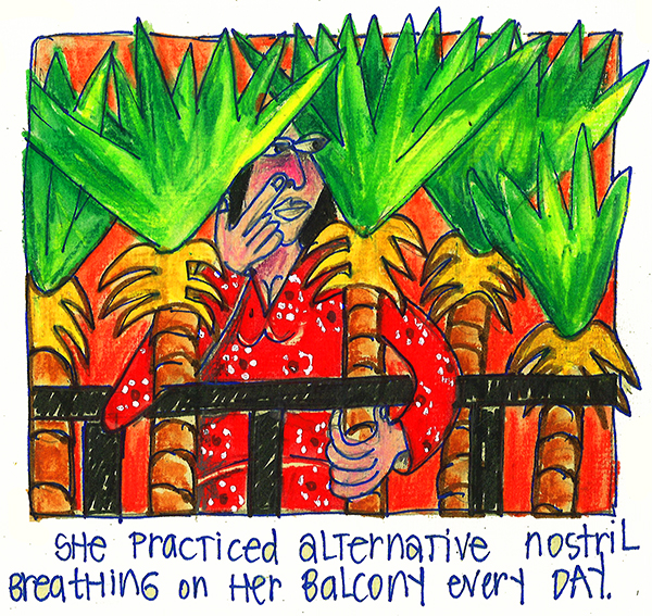colored drawing of w woman standing on a balcony behind plants doing breathing exercises