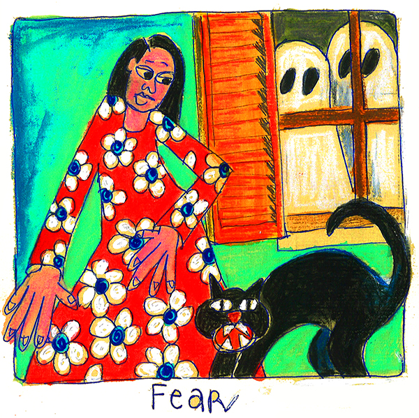 colored drawing woman with cat and ghosts in the background