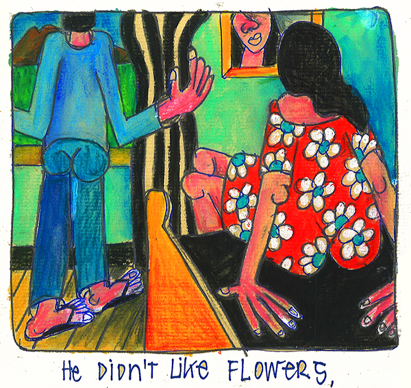 colored drawing of a man at the window and a woman wearing a flowered dress sitting on the bed