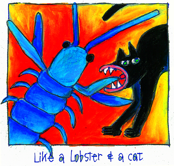 colored drawing of a blue lobster and a black cat