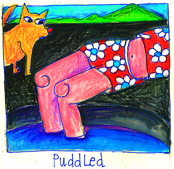 colored drawing of a woman next to a puccle and a dog looking on