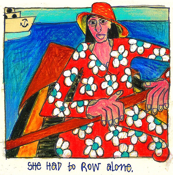 colored drawing of a woman rowing a boat