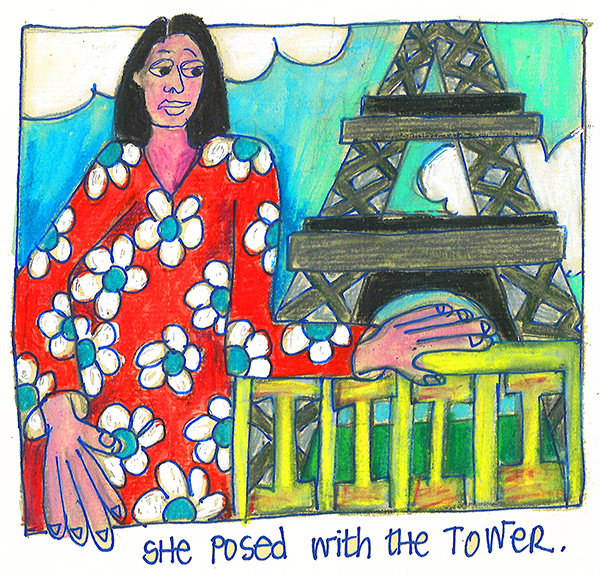 drawing of a woman standing in front of Eiffel Tower