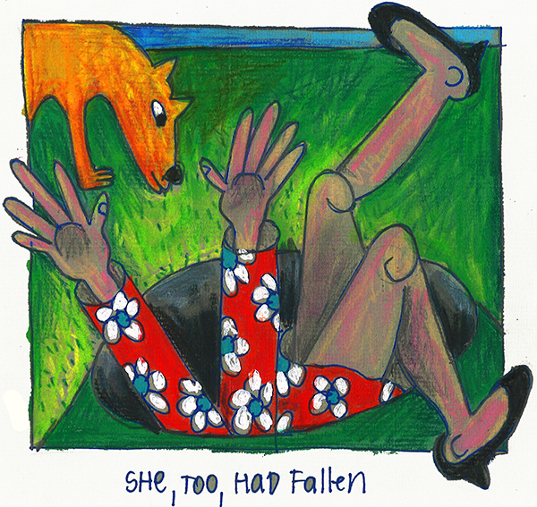 colored drawing of a woman falling into a hole
