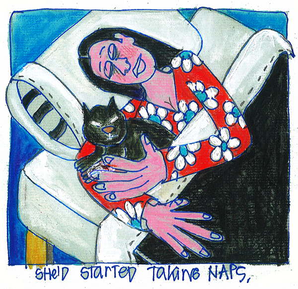 colored drawing of a woman napping with a cat