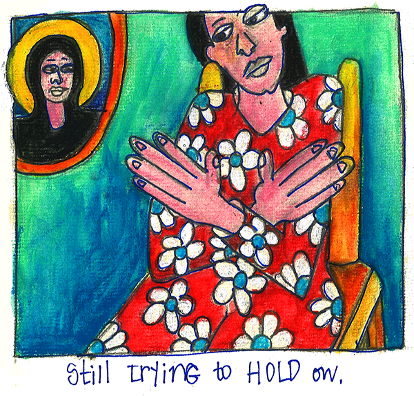 colored drawing of a woman sitting down holding on to herself