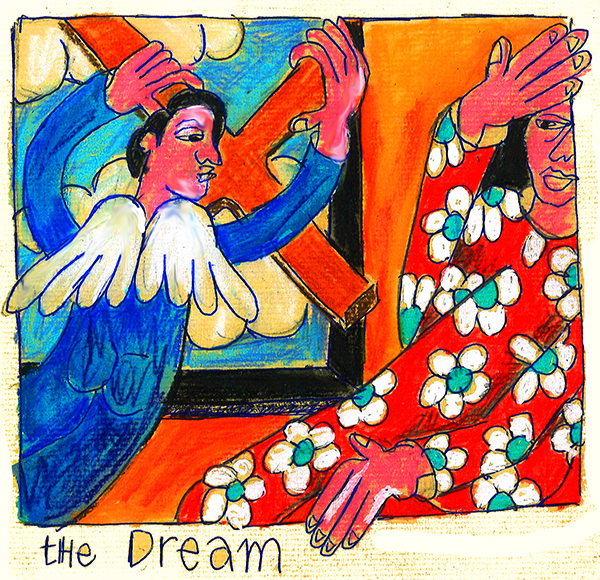 colored drawing woman sleeping and angel with a cross coming in thru the window