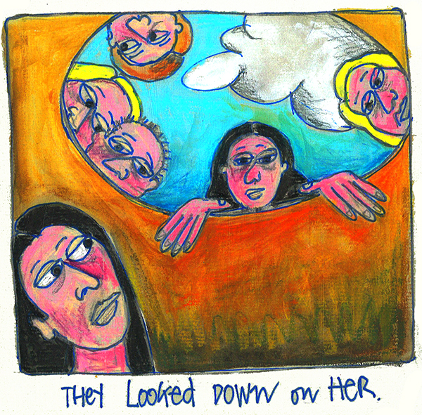 drawing of a woman in a hole looking up at people staring at her