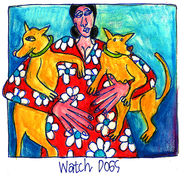 colored drawing of a woman holding two dogs