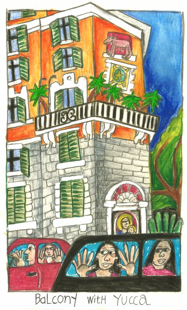colored drawing of a balcony with plants and with cars with people inside below