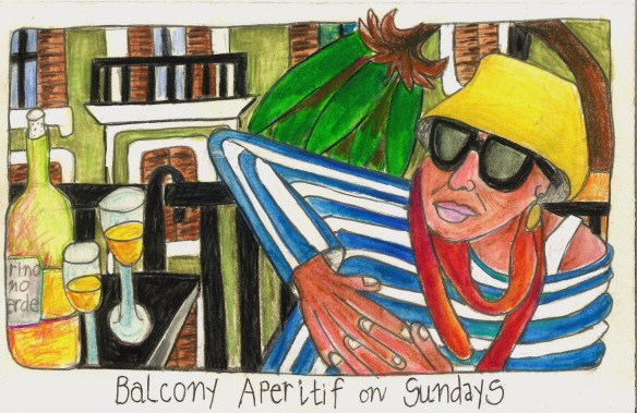 drawing of a woman sitting on a balcony drinking wine