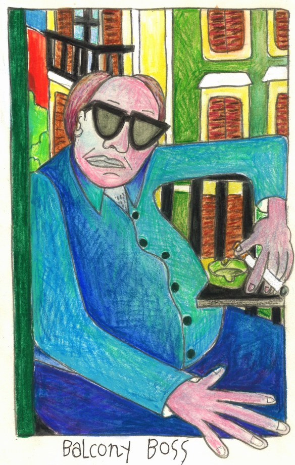mixed media drawing of a man sitting on a balcony with a cigarette in his hand