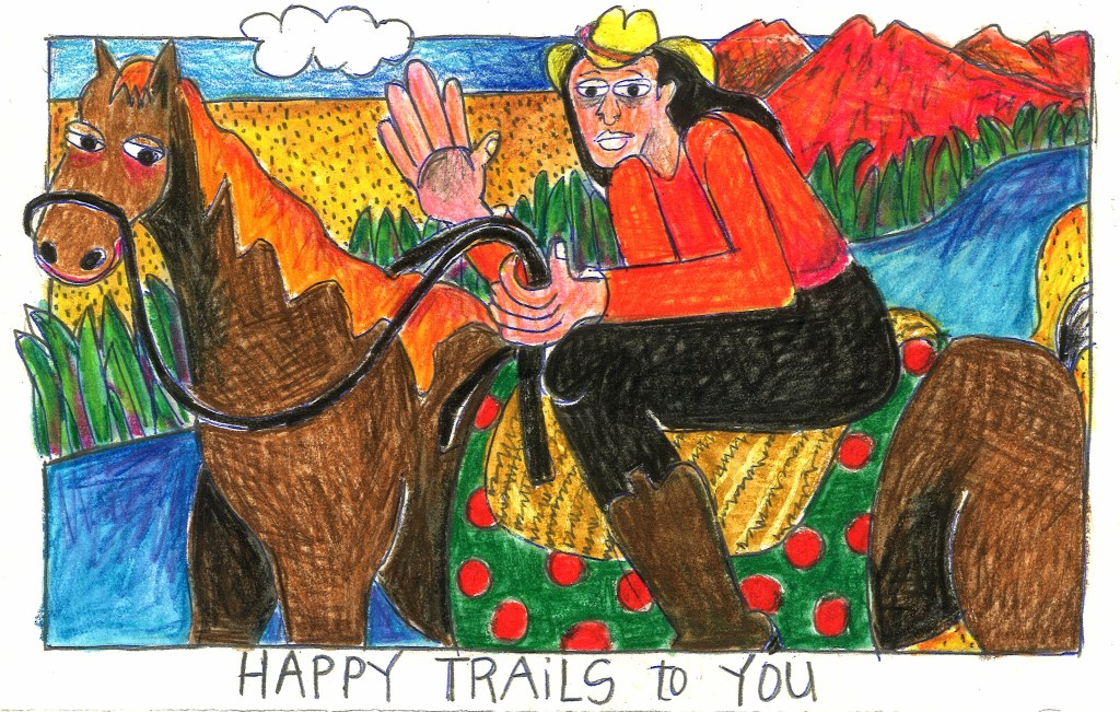 Drawing of a woman riding a horse
