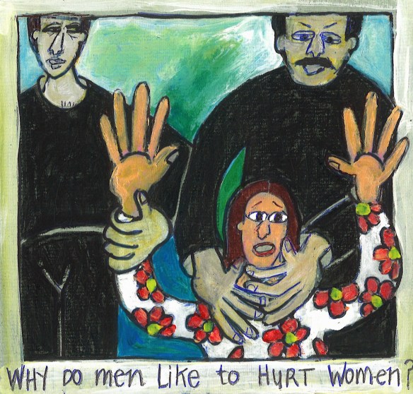 colored drawing of a woman being held down by two men dressed in black... the woman is wering a flowered dress