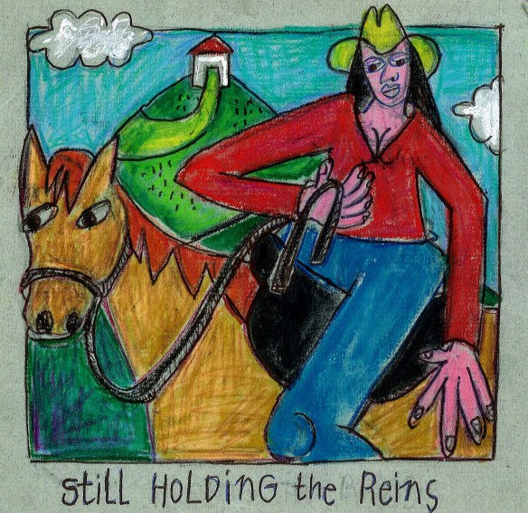 colored drawing of a woman on horseback hold the reins