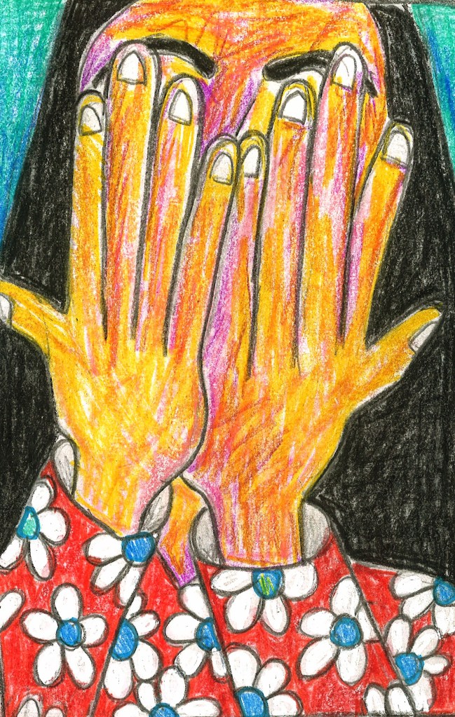 Colored drawing of a woman hiding behind her hands