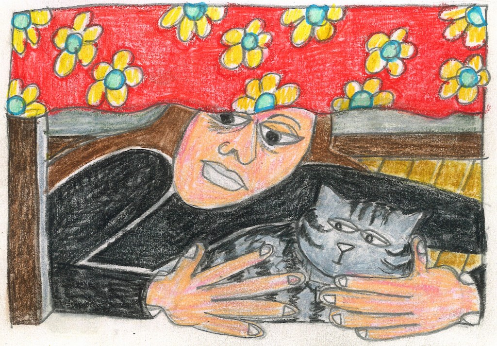 Colored drawing of a woman and a cat under the bed