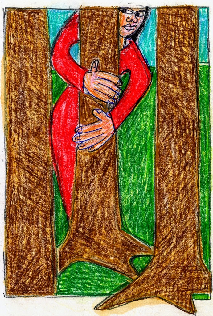 Colored drawing of a woman hiding behind a tree