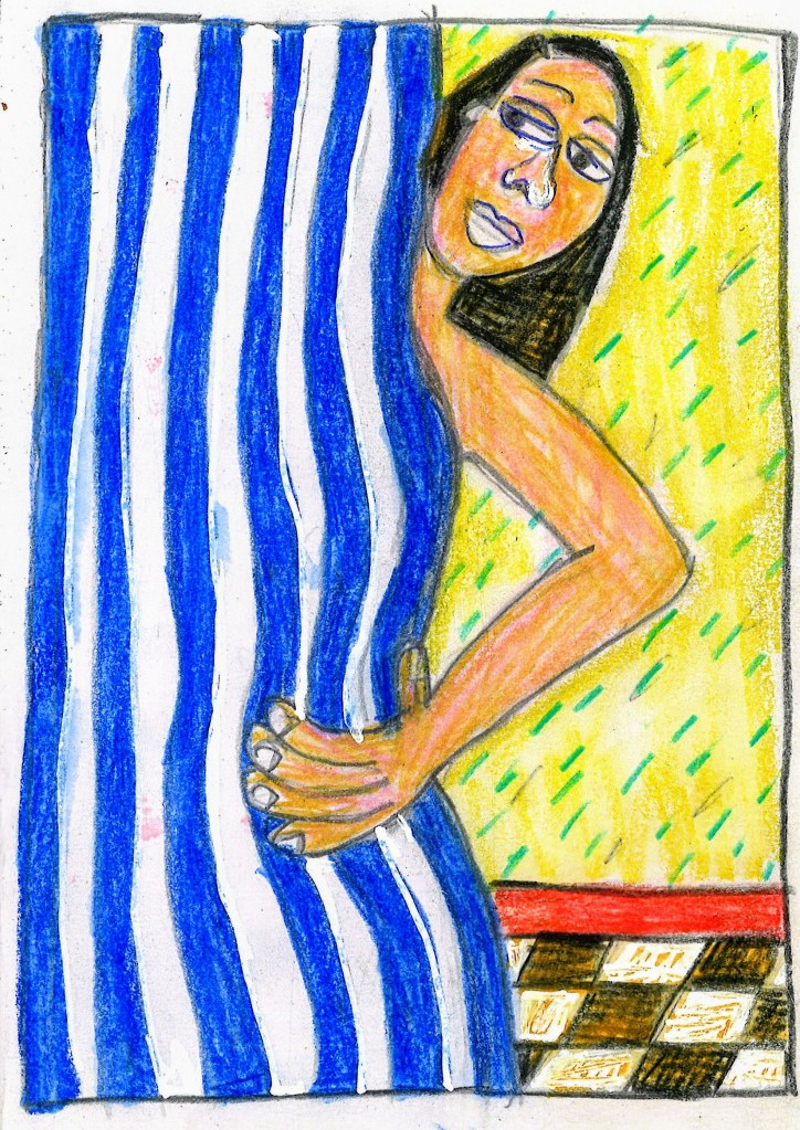 Colored drawing of a woman behind a shower curtain 