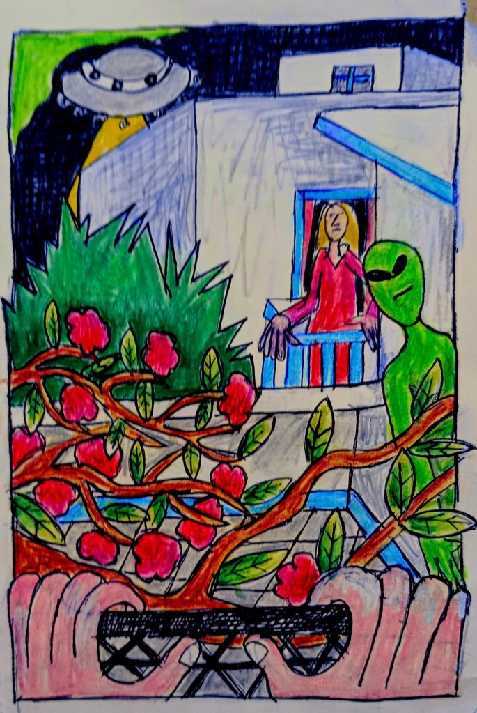 Drawing of a Martian on a Greek terrace with a woman in the background. She is standing on her balcony. A UFO in the background is waiting for her.