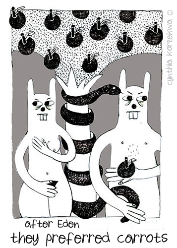 A drawing of Adam and Eve as rabbits in the Garden of Eden