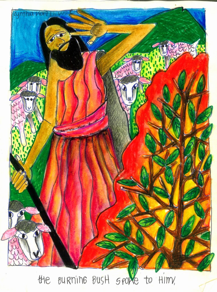 colored drawing of a man with his hand held up in front of him because there's a burning bush