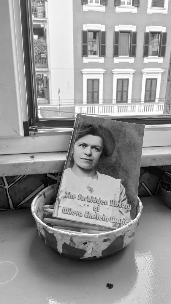 photo of a book cover showing Mileva Maric'. The book is in a bowl in front of a window.