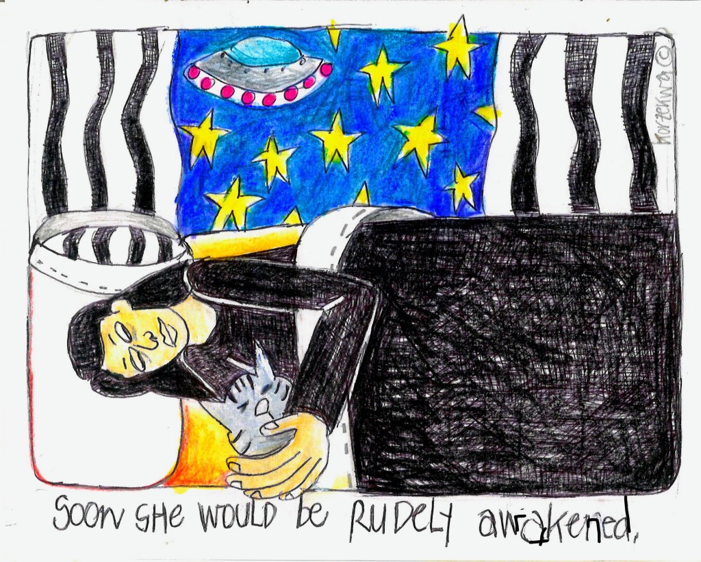 Colored drawing of a woman and cat sleeping. Outside the opened window is a spaceship.