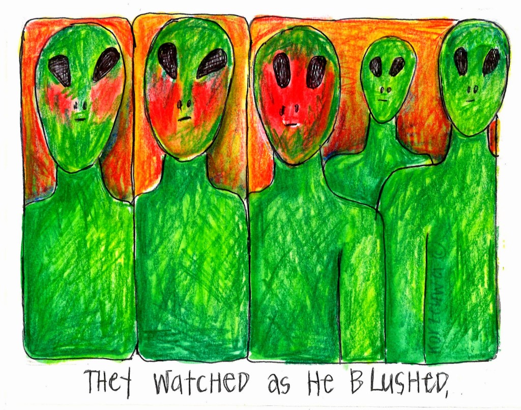 Drawing of a blushing alien.
