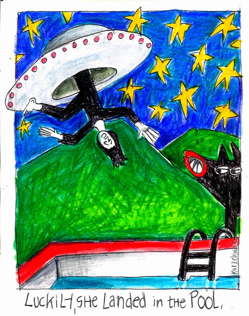 Colored drawing of a woman falling out of a spaceship and into a swimming pool.