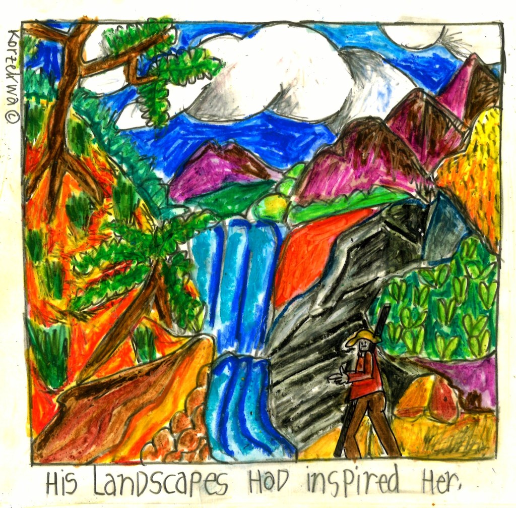 colored drawing of a landscape with waterfall