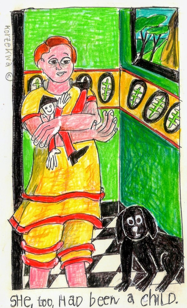 colored drawing of a little girl holding a toy