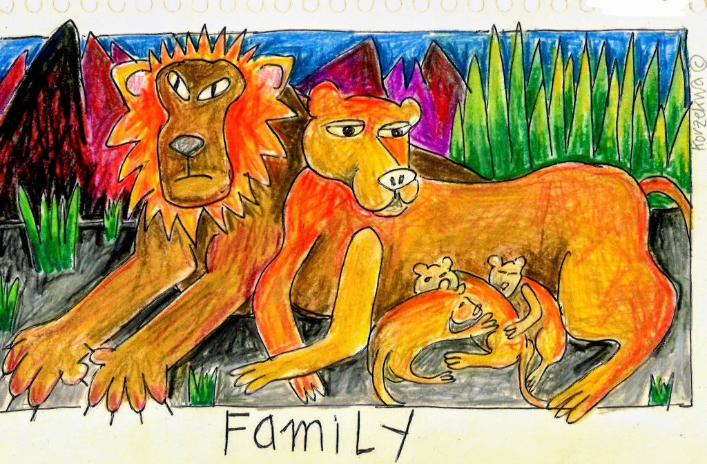 a lion family, dad, mom and three little cubs