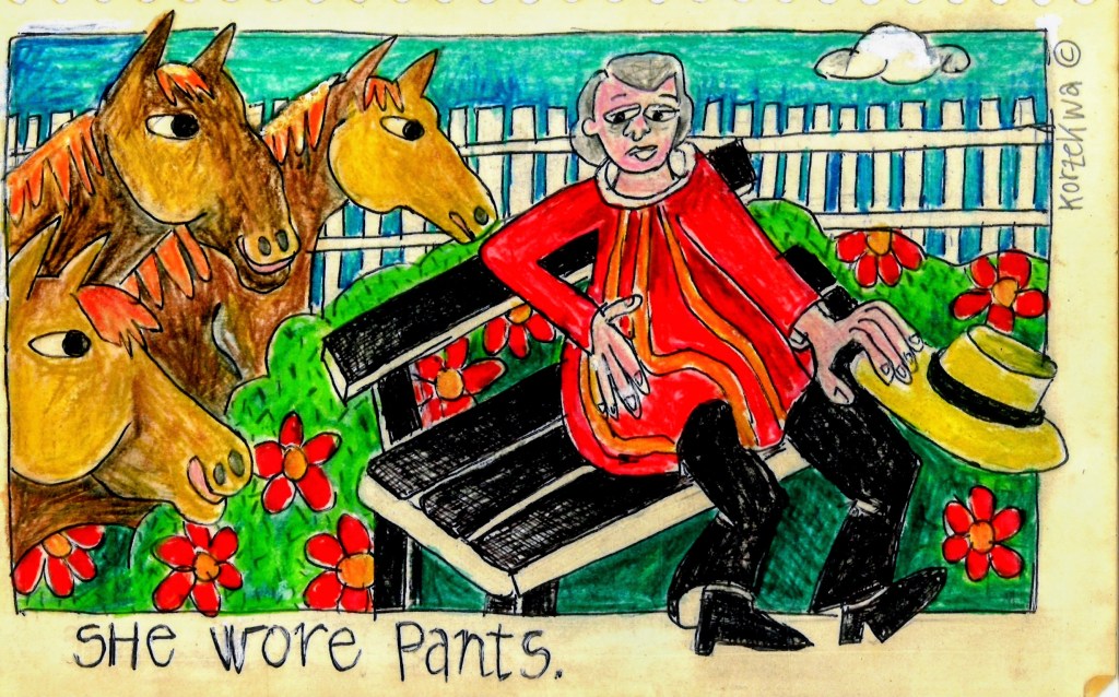 colored drawing of a woman wearing paints sitting on a bench next to three horses