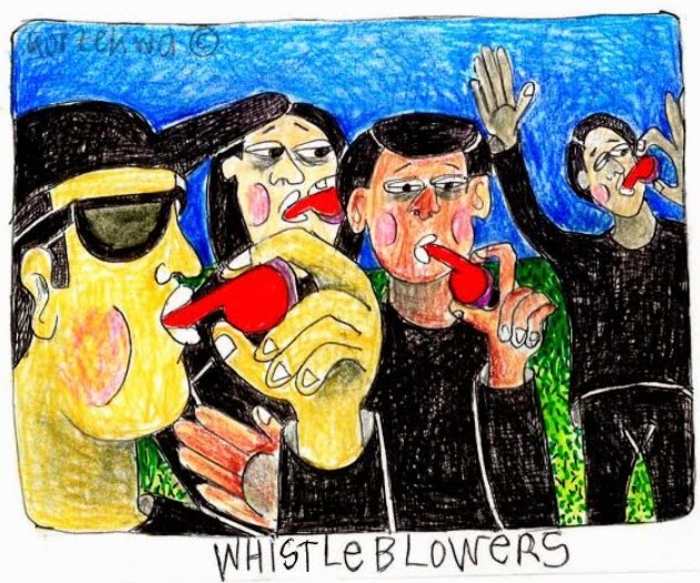 colored drawing of people blowing whistles