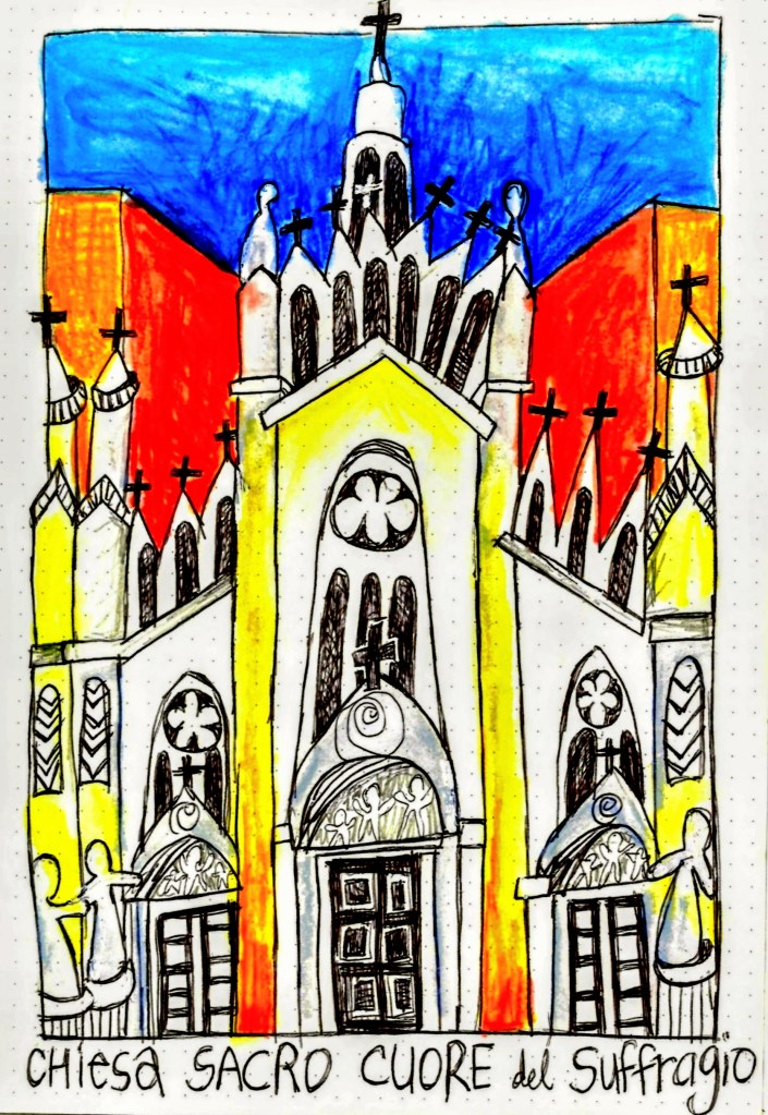 colored drawing of  a church facade