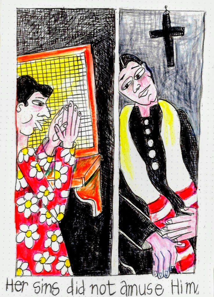 colored drawing of a woman in a confessional confessing to a priest