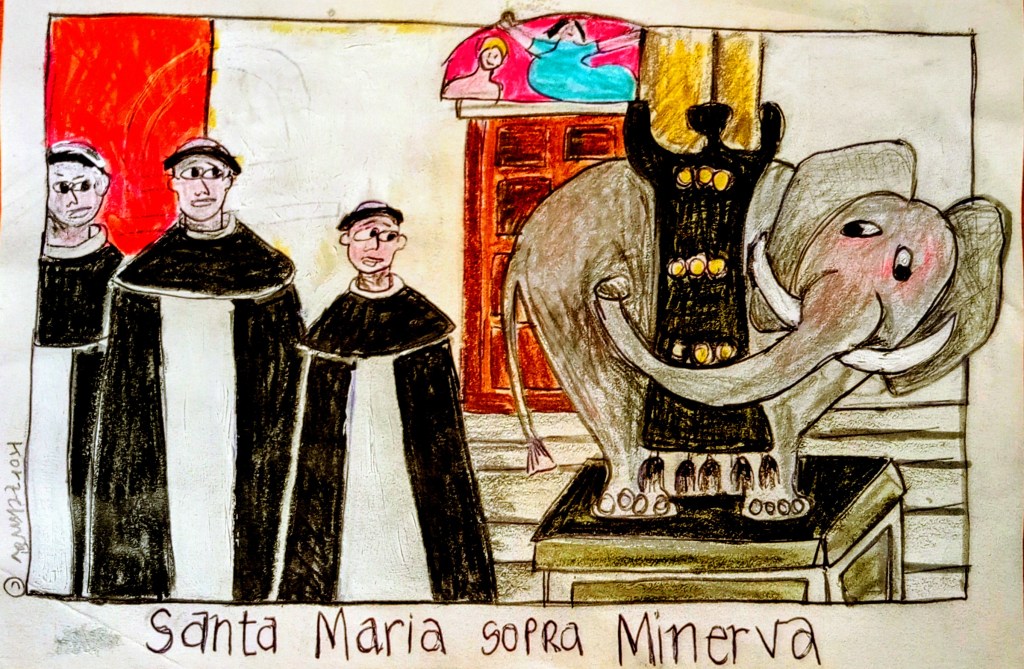 Colored drawing of
 Bernini's elephant at Piazza Minerva with Benedictine monks 