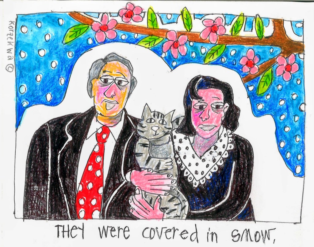 two people sitting with a cat covered by snow