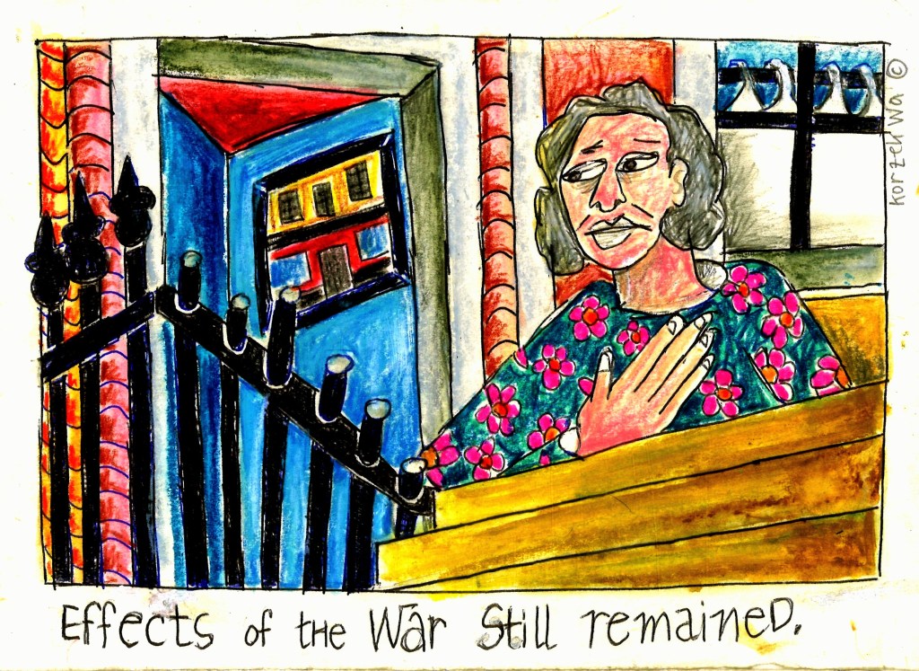 colored drawing of a woman on her door steps next to a wound wrought iron railing