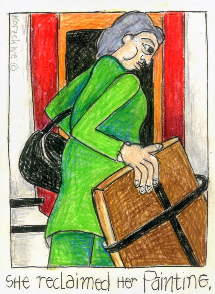 colored drawing of an elderly woman carrying a wrapped painting