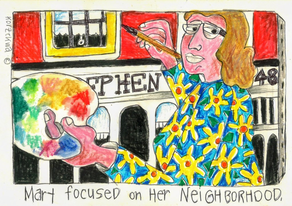 colored drawing of a woman painting a canvas