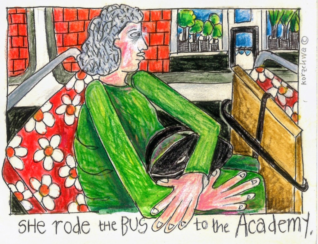drawing of a woman sitting on a bus looking out the window
