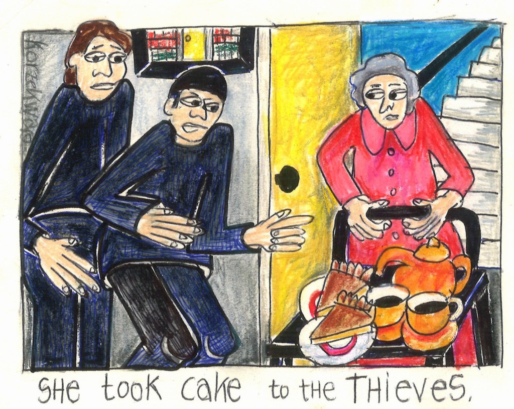 drawing of  two thieves and an elderly woman pushing a pastry cart